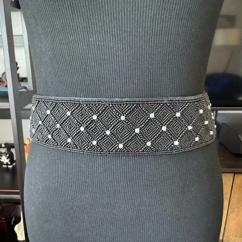 Magid Black Beaded Belt with Rhinestones